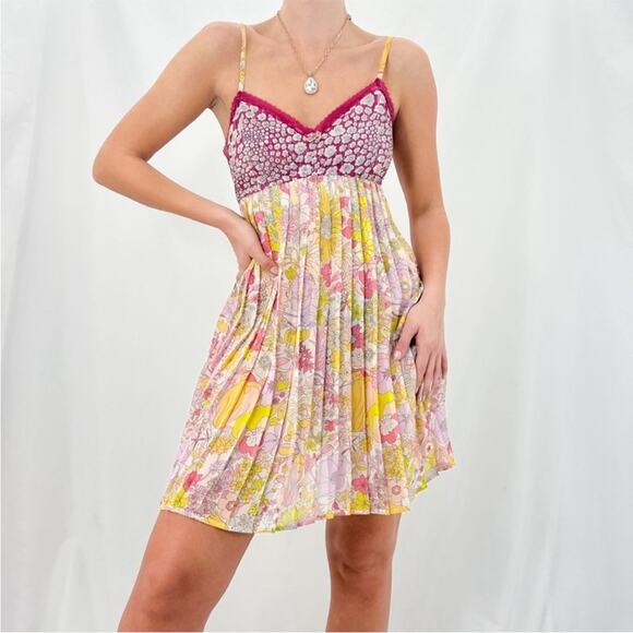 Liberty of London Vintage Y2K Floral Pleated Babydoll Mini Dress Medium - Picture 1 of 12